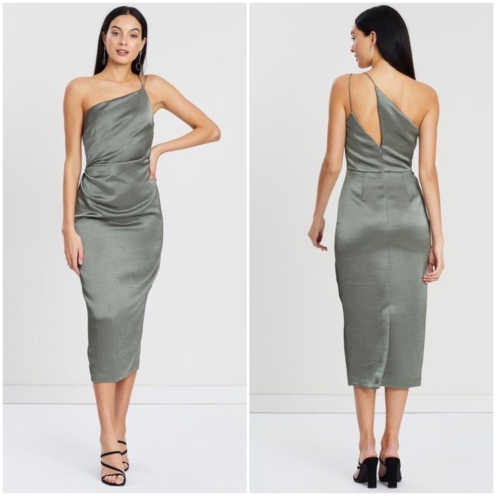 Bec & Bridge One-Shoulder Midi Dress in Sage Green